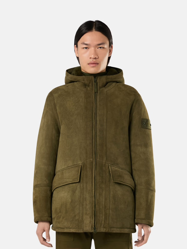 SUEDE SHEEPSKIN Hooded Jacket with Anti-Drop and Zipper - Military Green