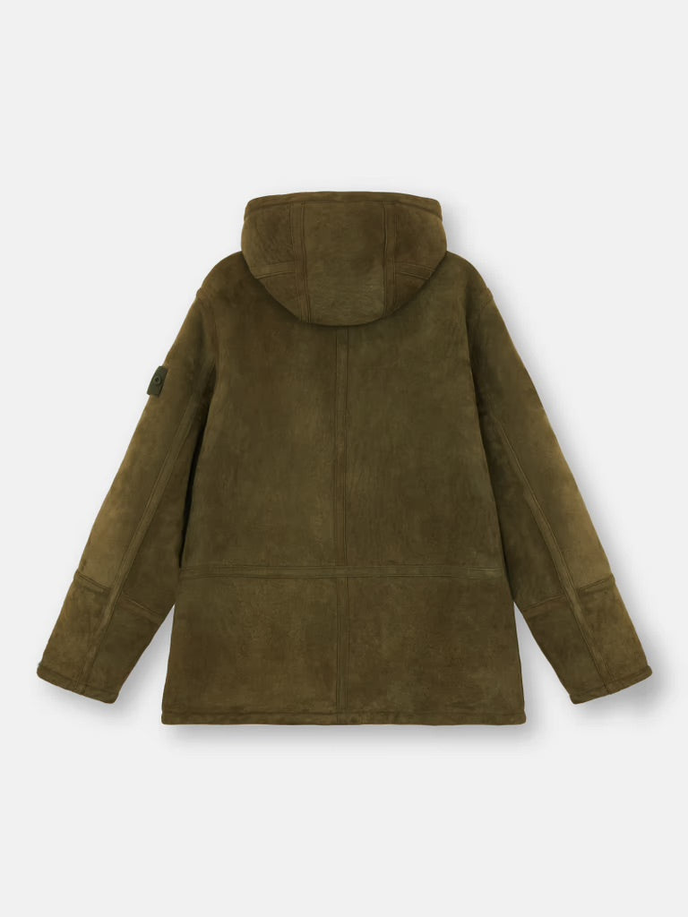 SUEDE SHEEPSKIN Hooded Jacket with Anti-Drop and Zipper - Military Green