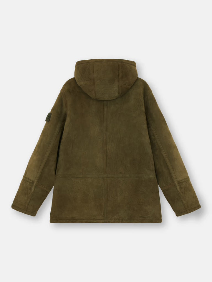 SUEDE SHEEPSKIN Hooded Jacket with Anti-Drop and Zipper - Military Green