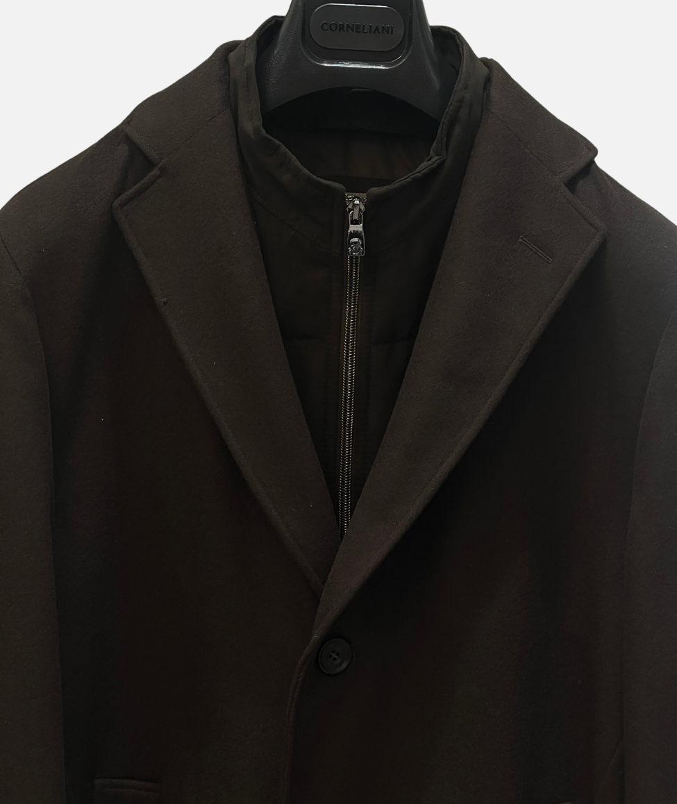 OVERCOAT WITH DETACHABLE WINDPROOF VEST - BROWN