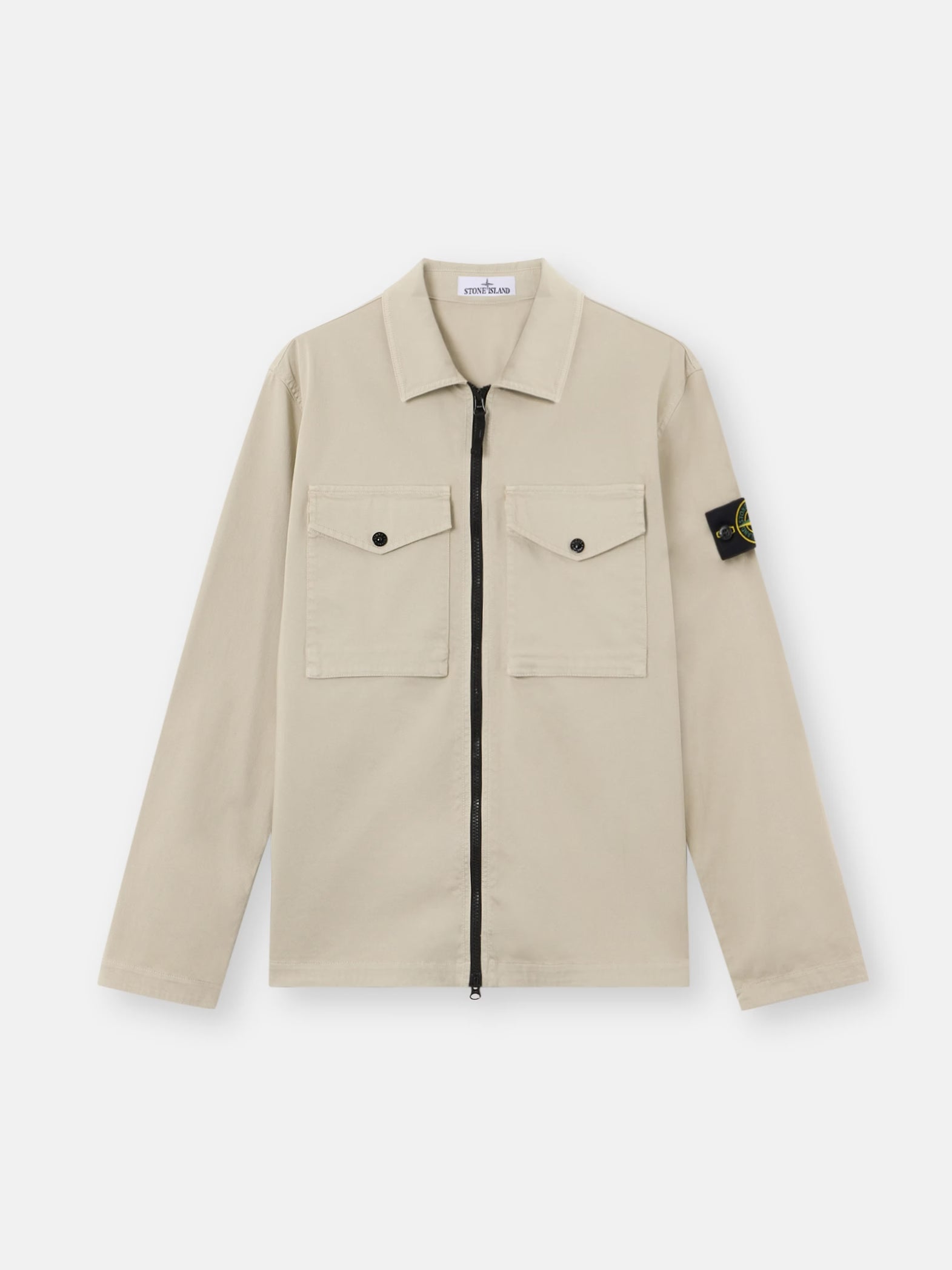 STRETCH ORGANIC COTTON SATIN ZIP-UP OVERSHIRT - SAND