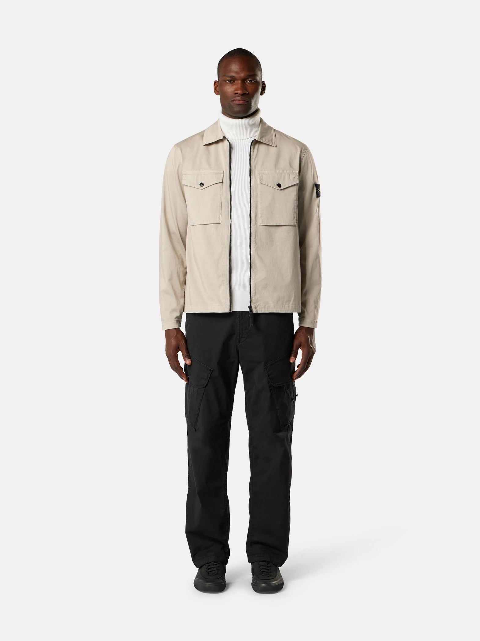 STRETCH ORGANIC COTTON SATIN ZIP-UP OVERSHIRT - SAND