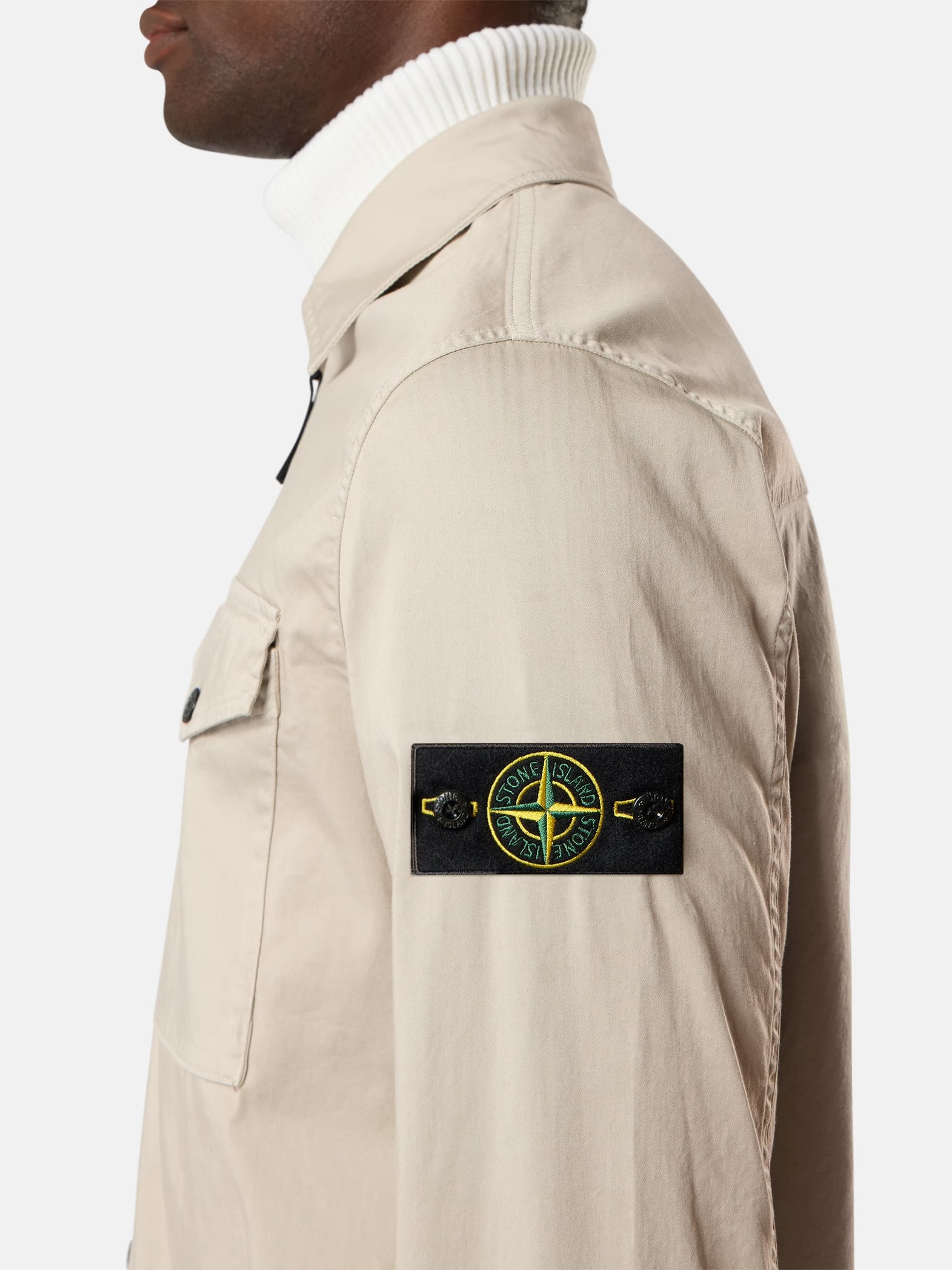 STRETCH ORGANIC COTTON SATIN ZIP-UP OVERSHIRT - SAND