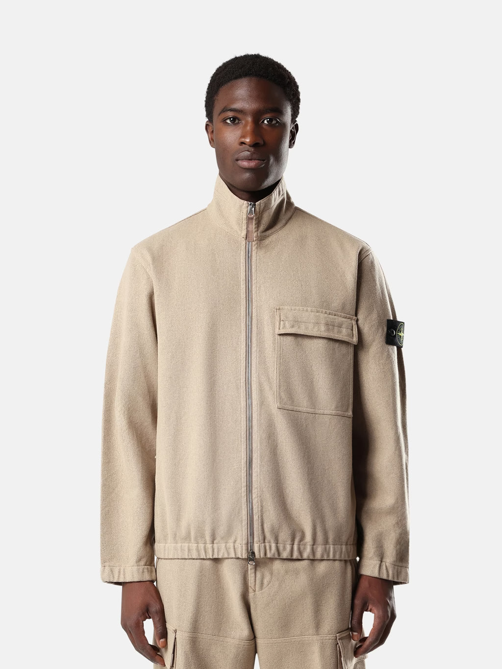WOOL NYLON FLANNEL-TC ZIP-UP OVERSHIRT - BISCUIT