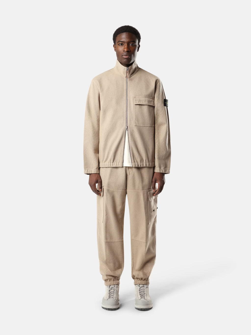 WOOL NYLON FLANNEL-TC ZIP-UP OVERSHIRT - BISCUIT