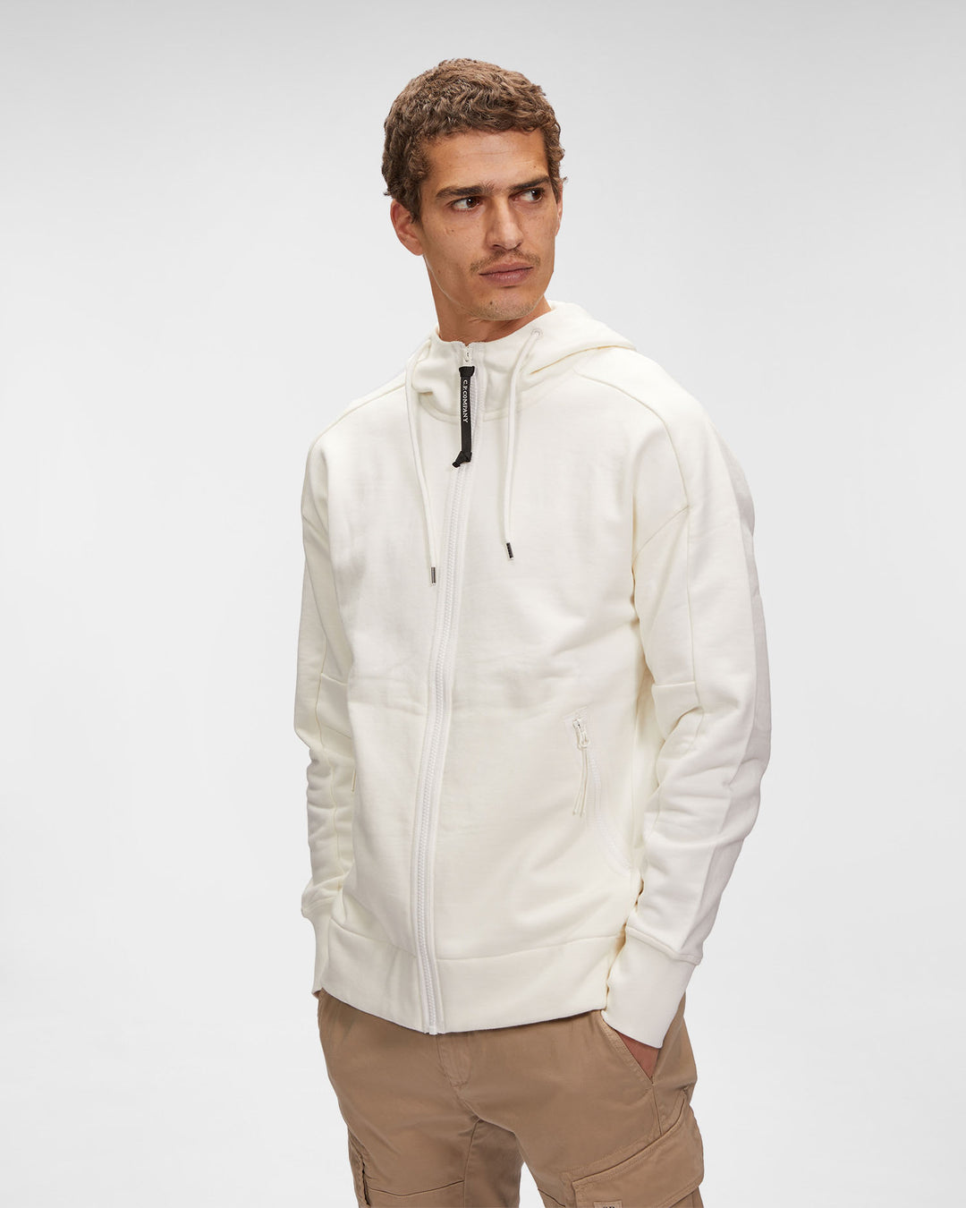 Diagonal Raised Fleece Zipped Goggle Hoodie - White gauze