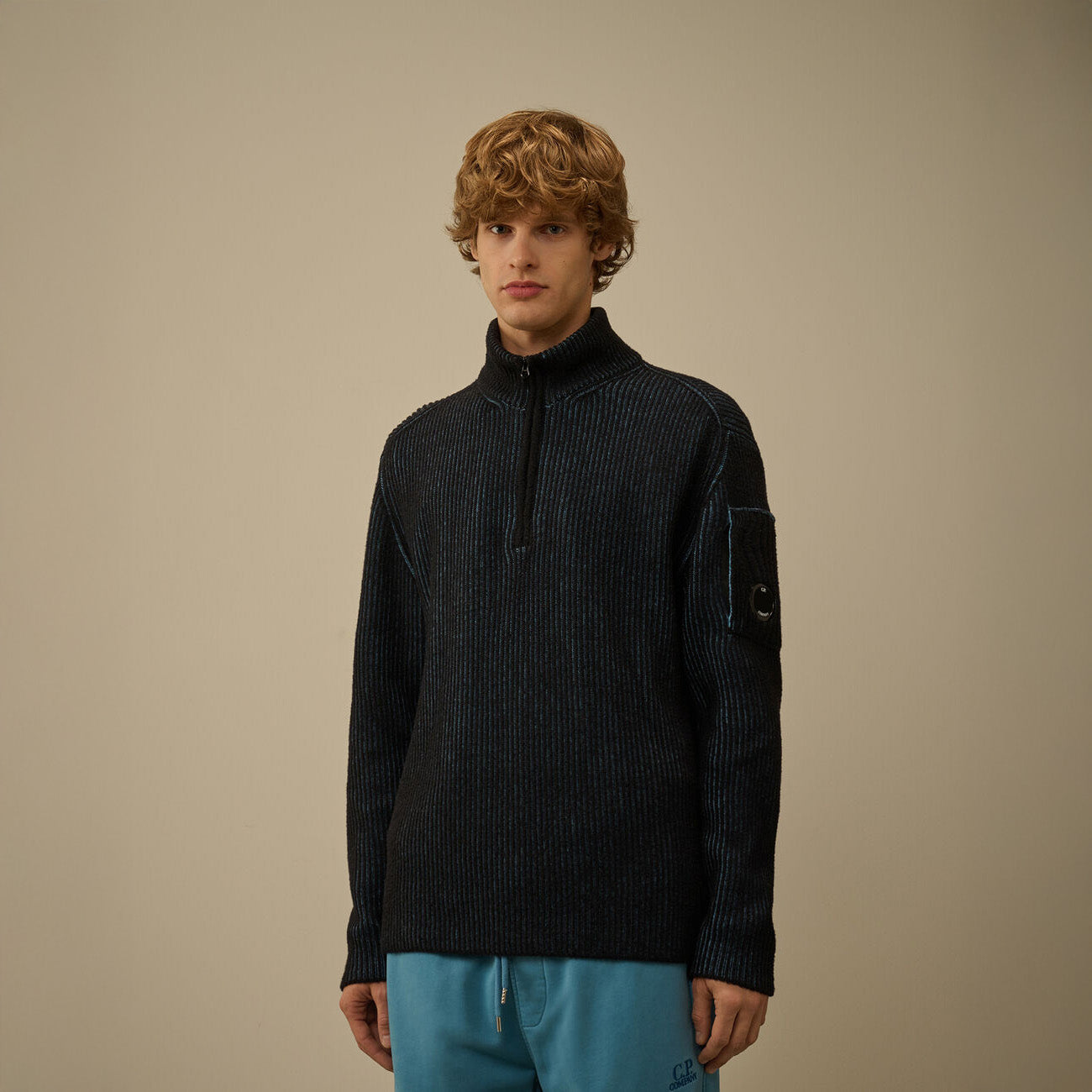 FLEECE KNIT HALF ZIP SWEATER - BLUE