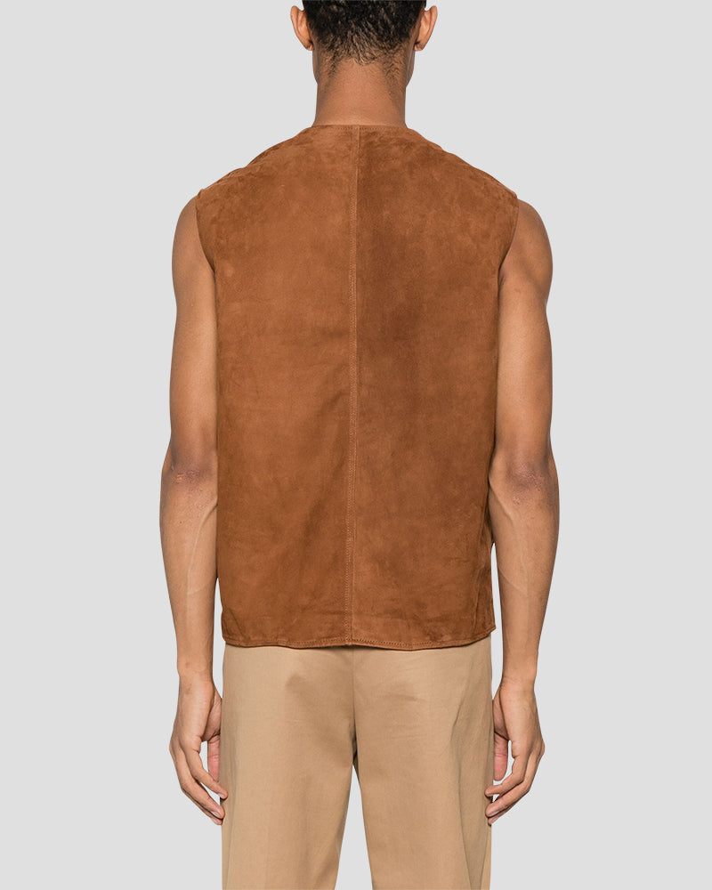 JEFF PE V-neck leather waistcoat - Cognac