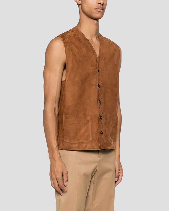 JEFF PE V-neck leather waistcoat - Cognac