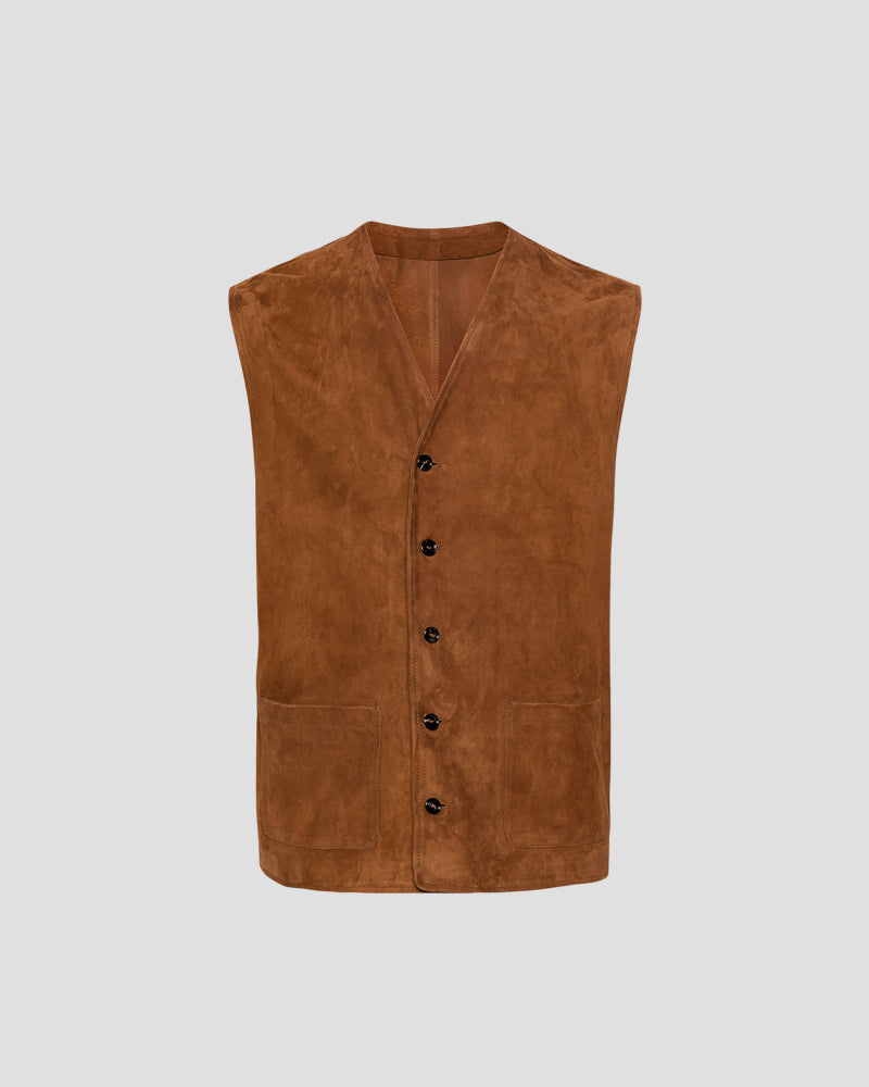 JEFF PE V-neck leather waistcoat - Cognac