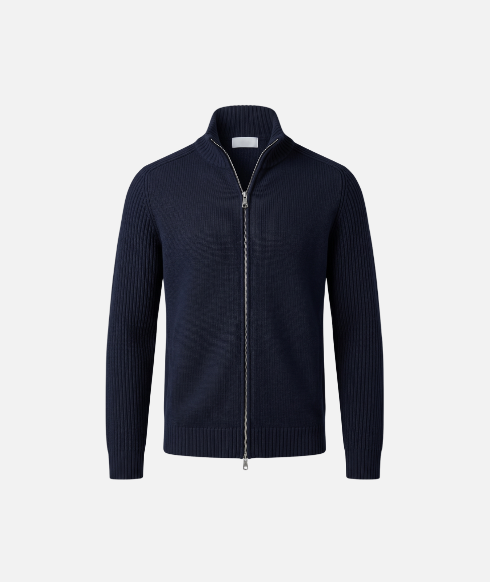 CASHMERE BLEND RIBBED CARDIGAN - NAVY