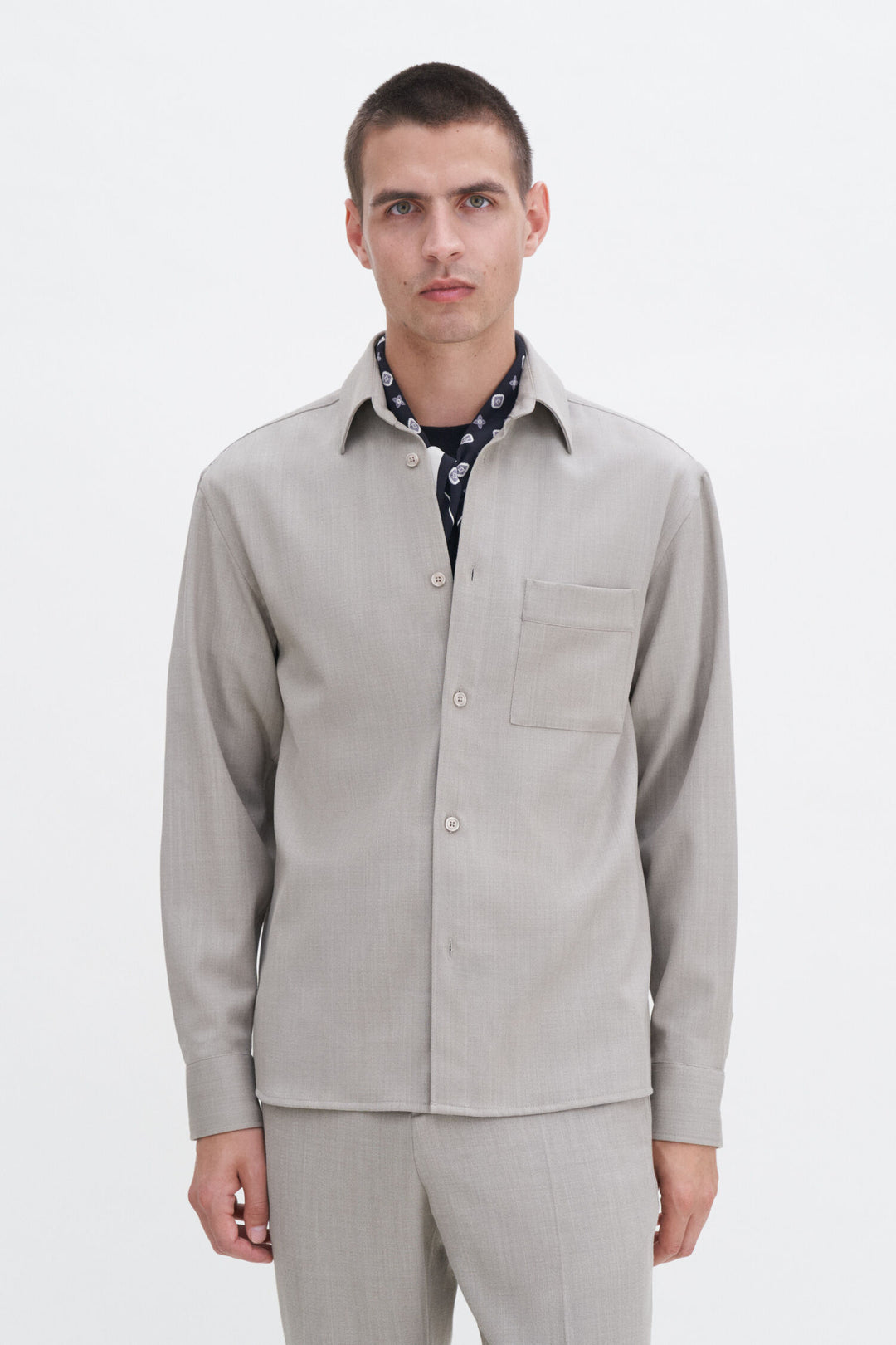 Boxy Wool Twill Shirt - Sage Melange