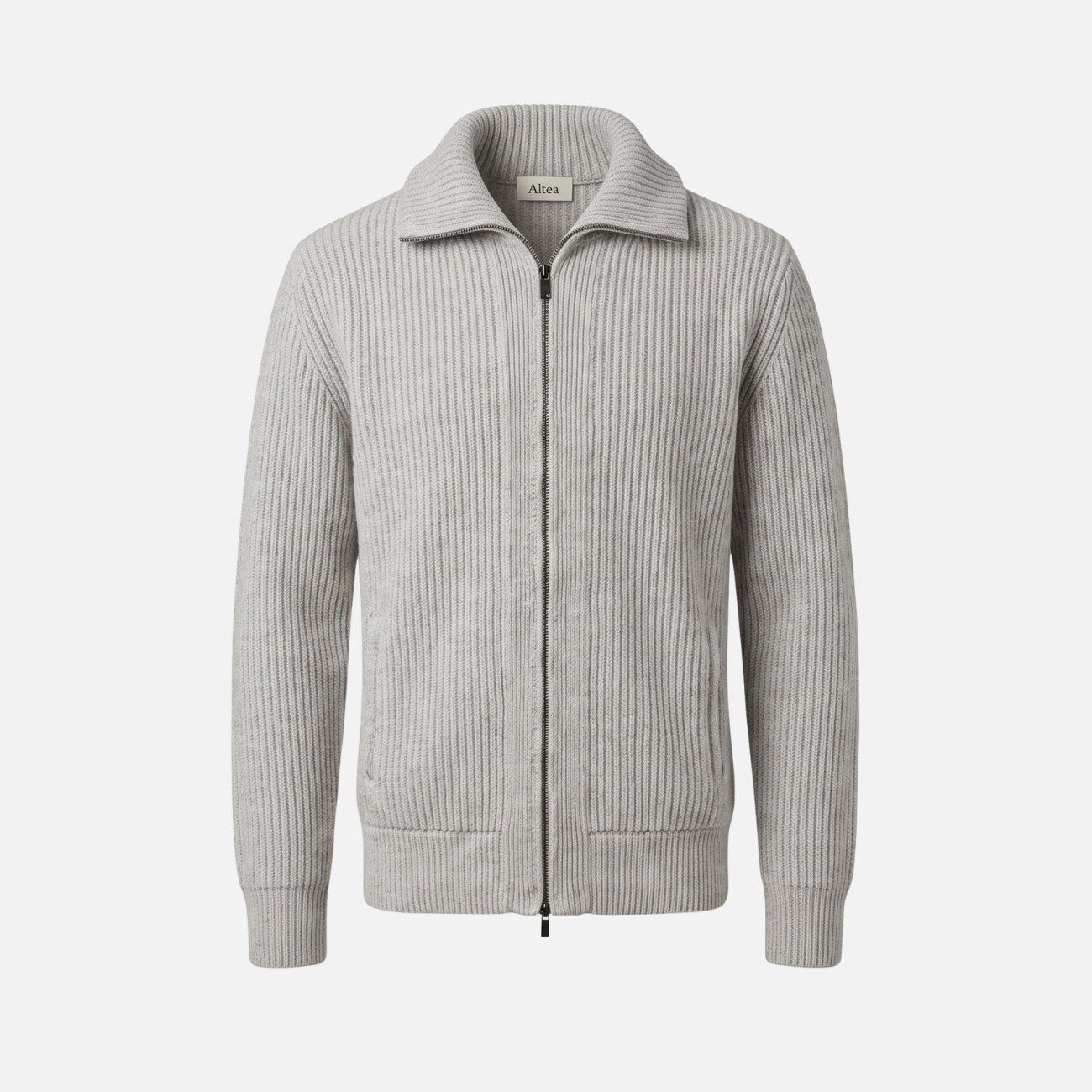 WOOL RIBBED ZIP-UP CARDIGAN - GREY