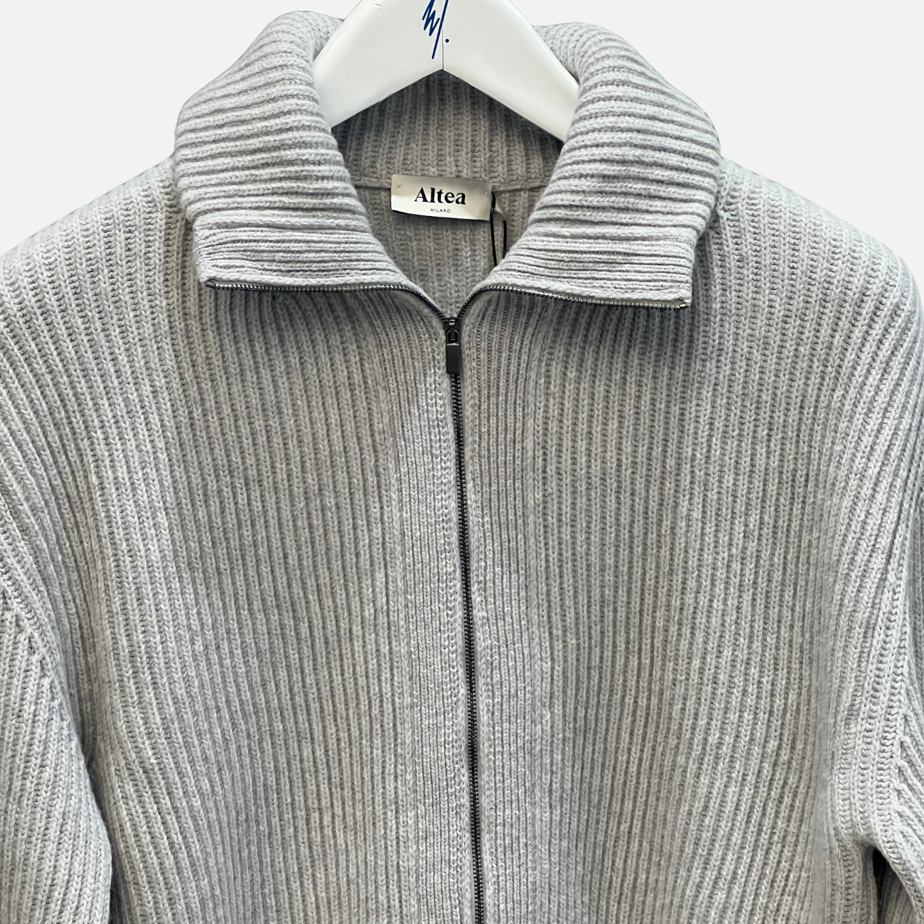 WOOL RIBBED ZIP-UP CARDIGAN - GREY