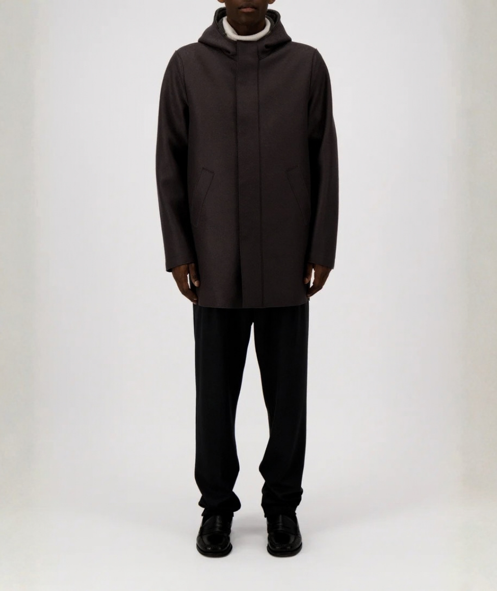 PARKA IN PRESSED WOOL & BOUCLÉ - DARK BROWN