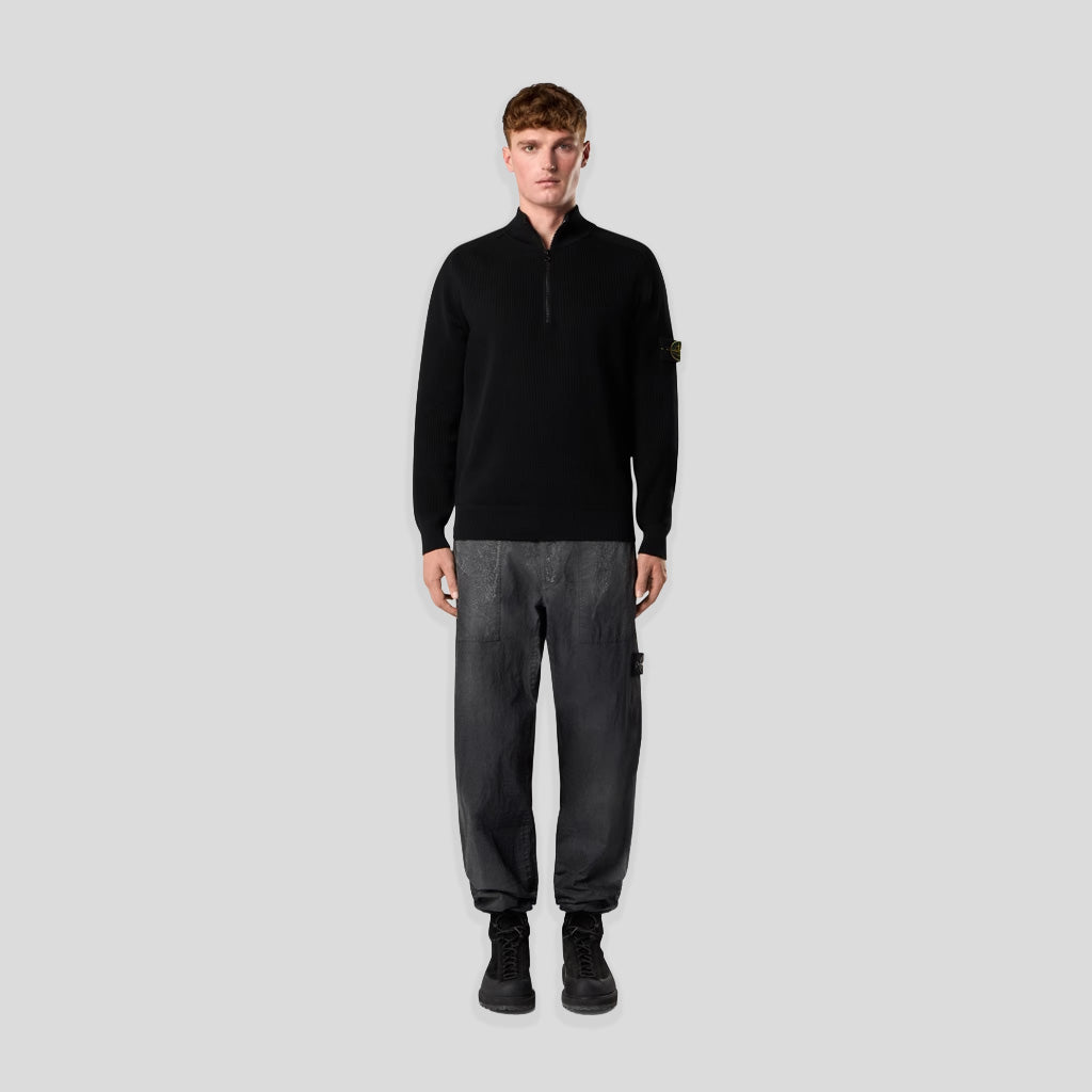 RIBBED SOFT ORGANIC COTTON HALF-ZIP JUMPER - BLACK