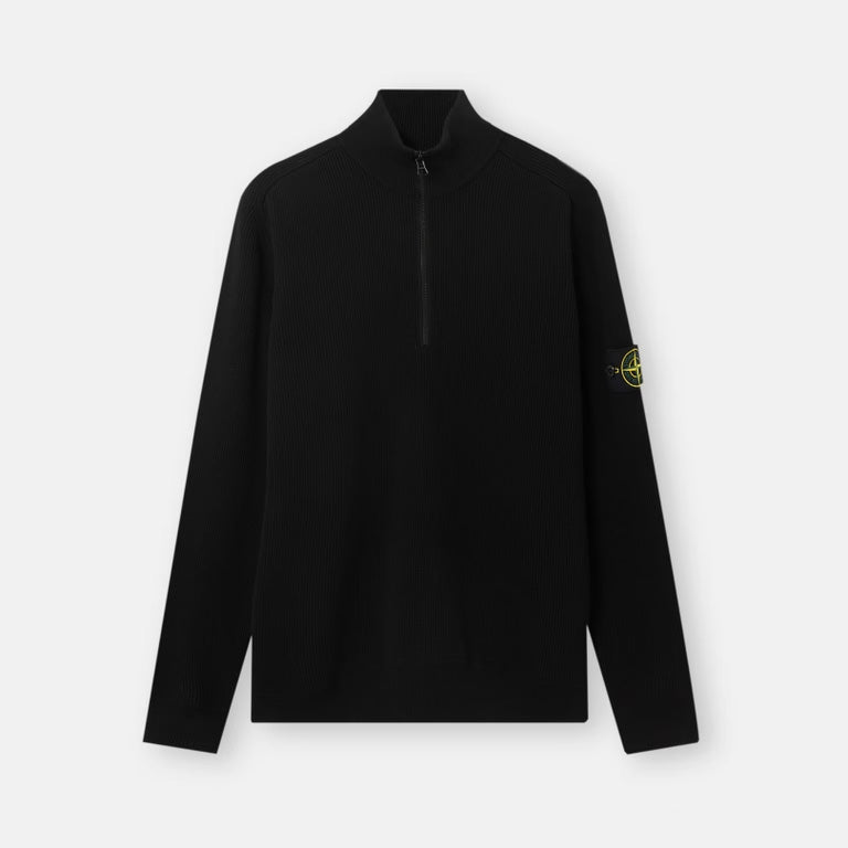 RIBBED SOFT ORGANIC COTTON HALF-ZIP JUMPER - BLACK
