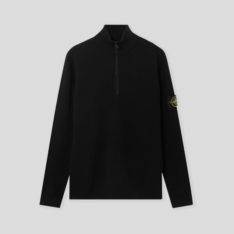 RIBBED SOFT ORGANIC COTTON HALF-ZIP JUMPER - BLACK