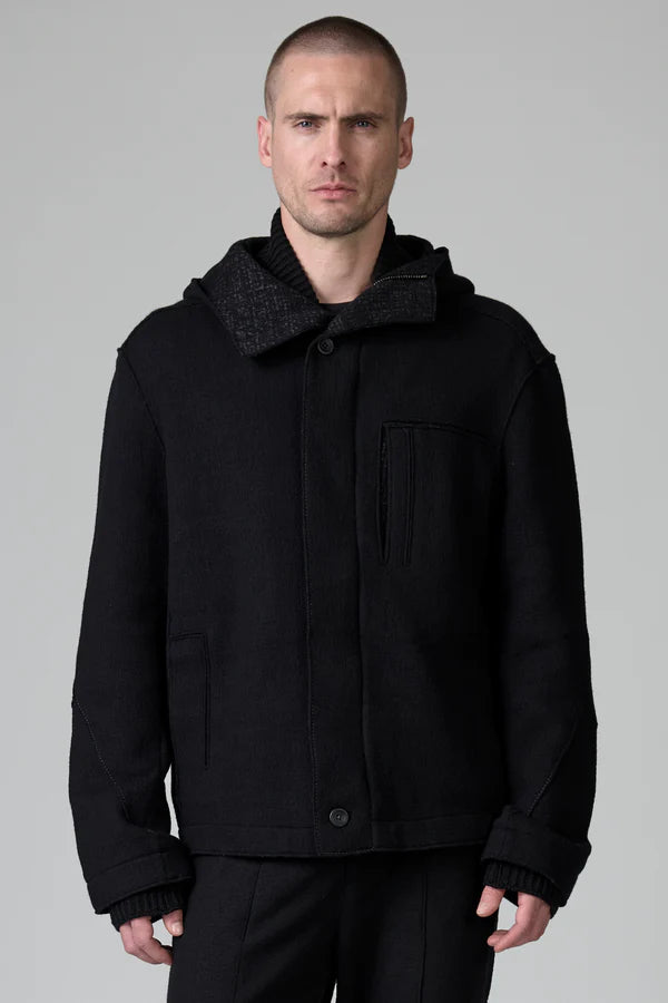 BLACK JACQUARD HOODED JACKET