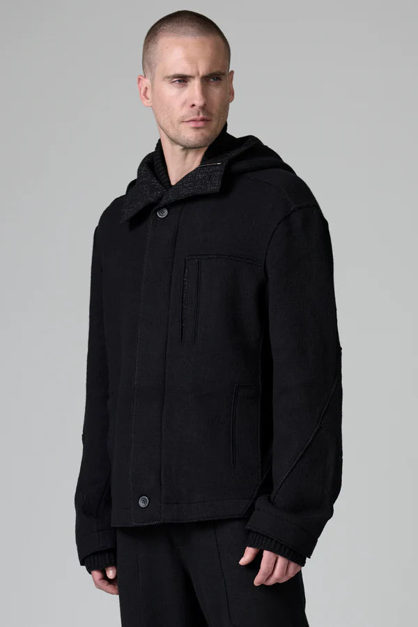 BLACK JACQUARD HOODED JACKET