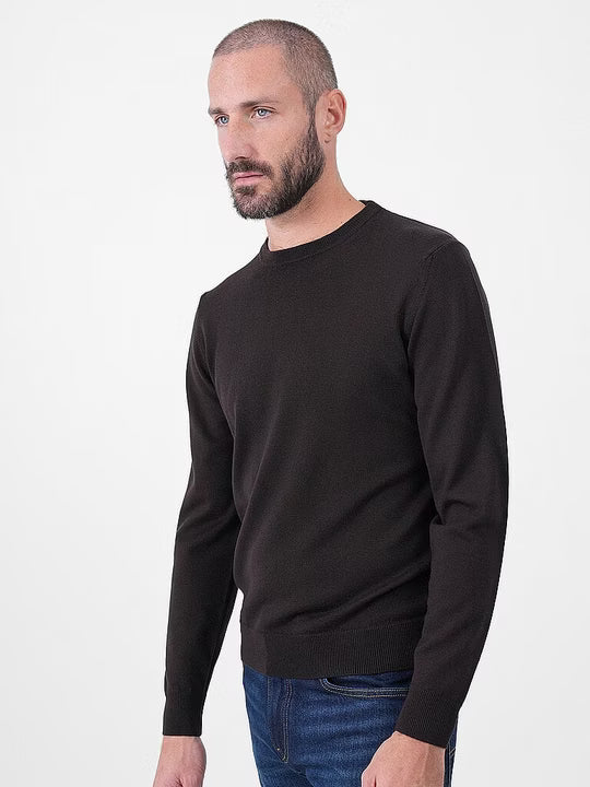 MERINO WOOL CREW NECK KNITTED SWEATER - CACAO