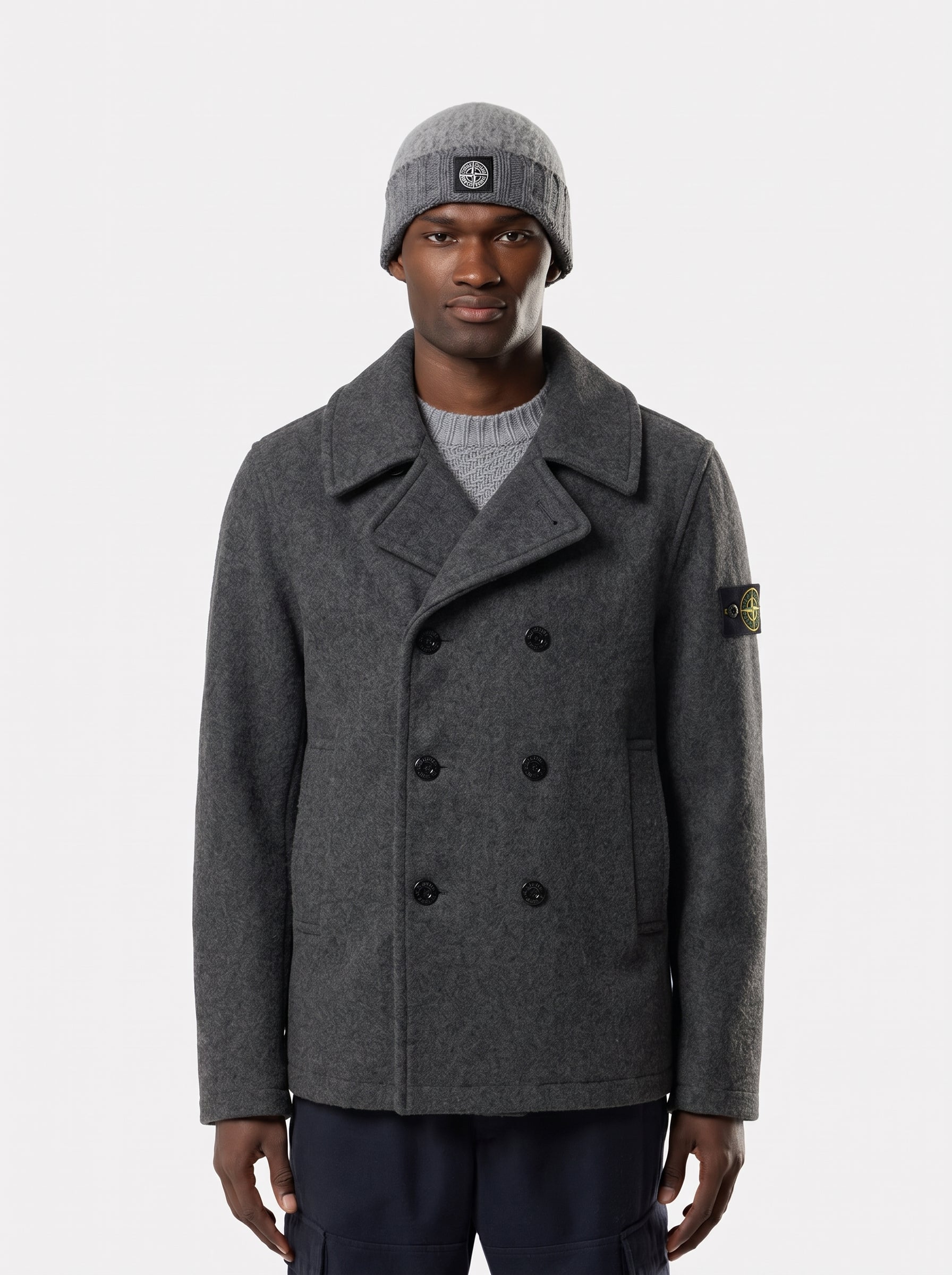 HEAVY MELTON DOUBLE-BREASTED PEACOAT - LEAD GREY