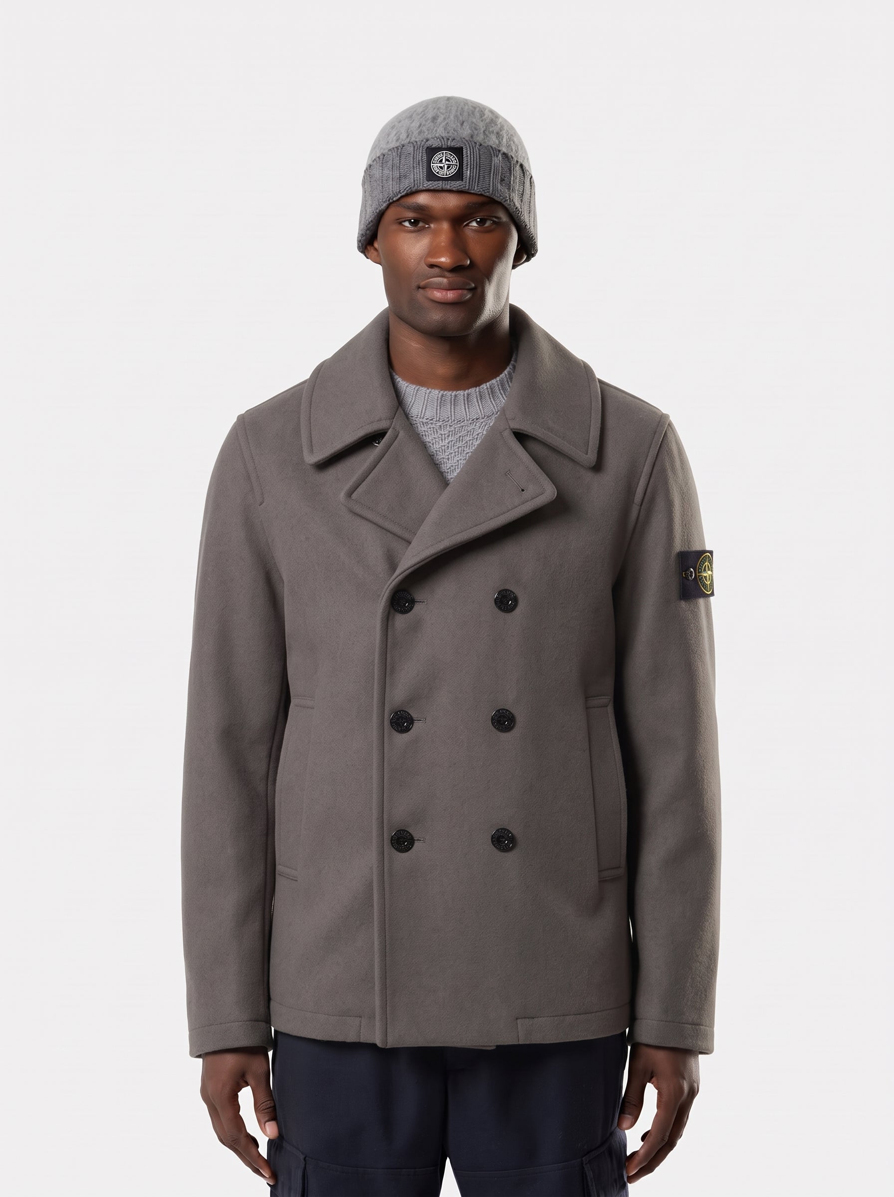 HEAVY MELTON DOUBLE-BREASTED PEACOAT - LEAD GREY