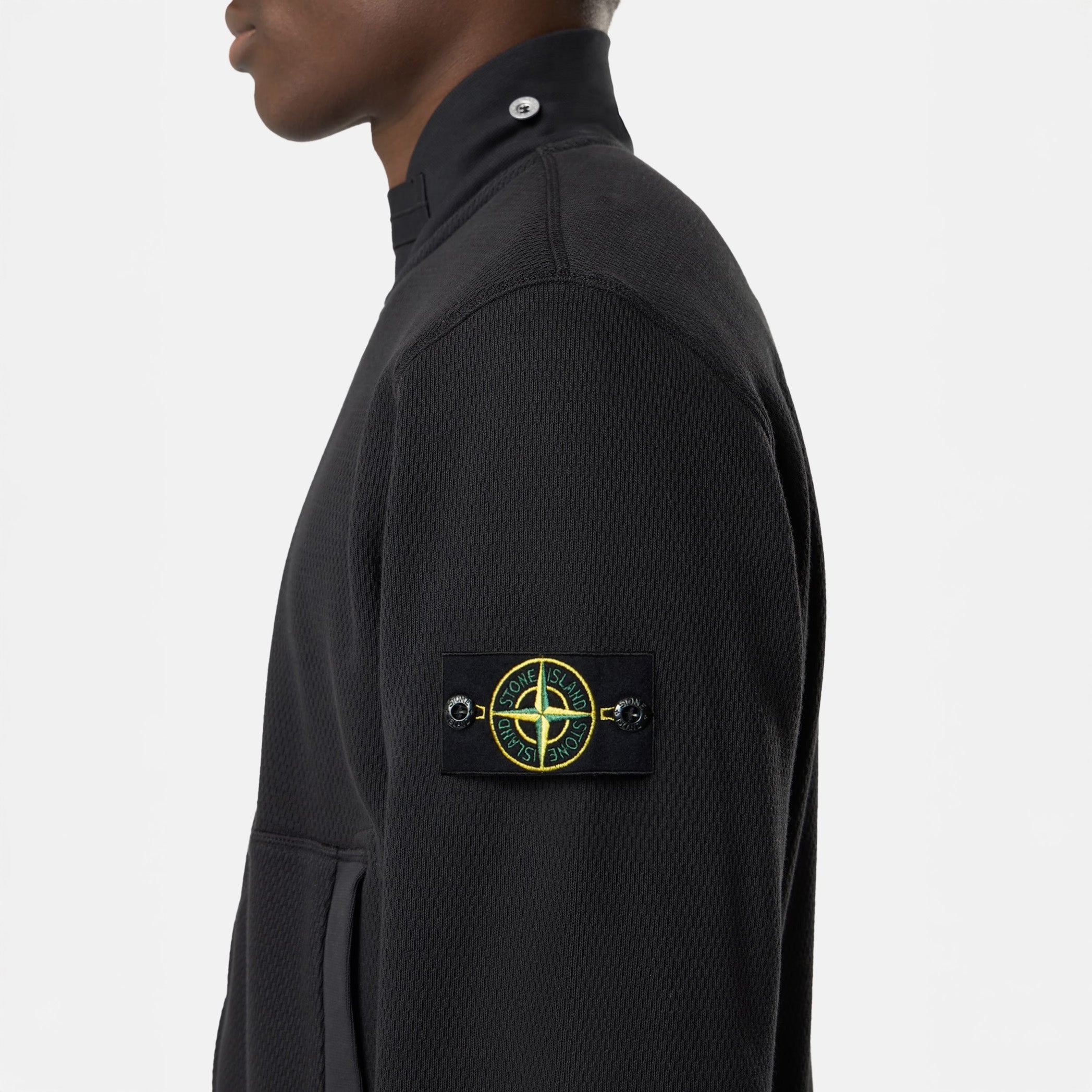 MESH STITCH ORGANIC COTTON FLEECE TRACK JACKET - BLACK