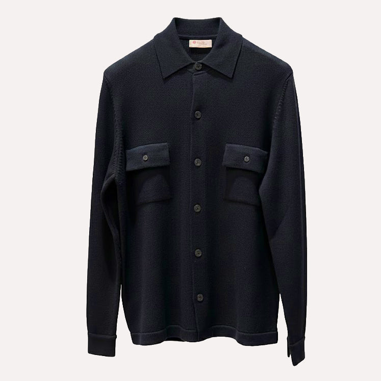 VIRGIN WOOL BUTTON DOWN OVERSHIRT - NAVY BLUE
