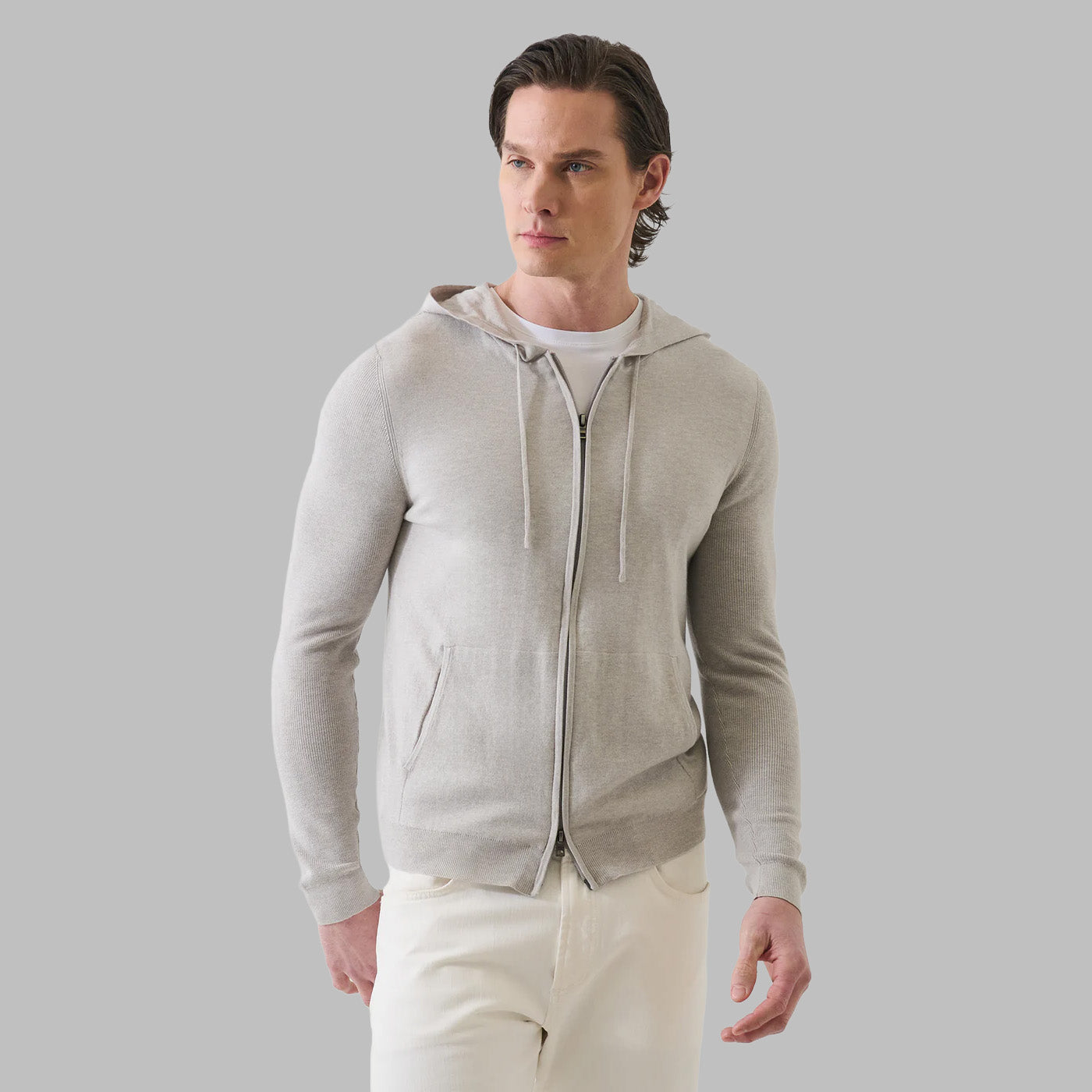 COTTON CASHMERE FULL ZIP HOODIE - FEATHER