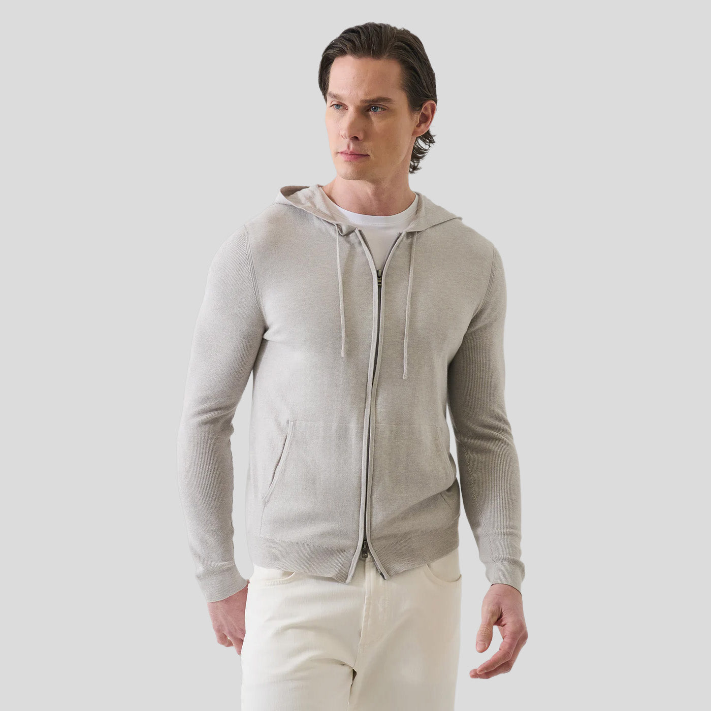 COTTON CASHMERE FULL ZIP HOODIE - FEATHER
