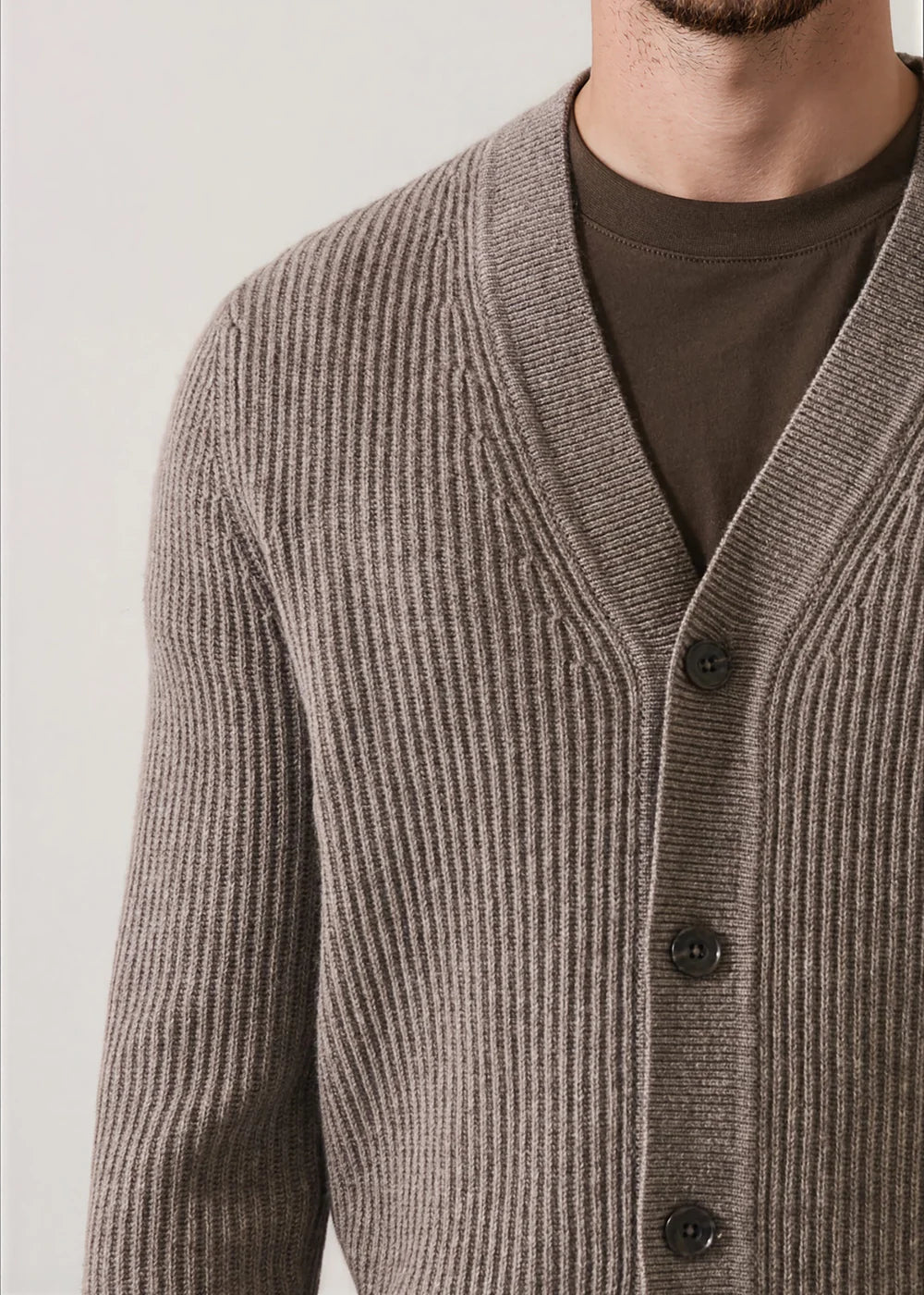 MERINO BLEND RIBBED BUTTON CARDIGAN - BROWN