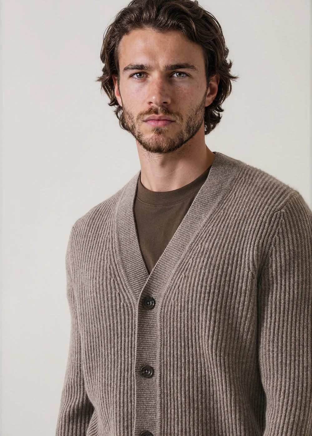 MERINO BLEND RIBBED BUTTON CARDIGAN - BROWN