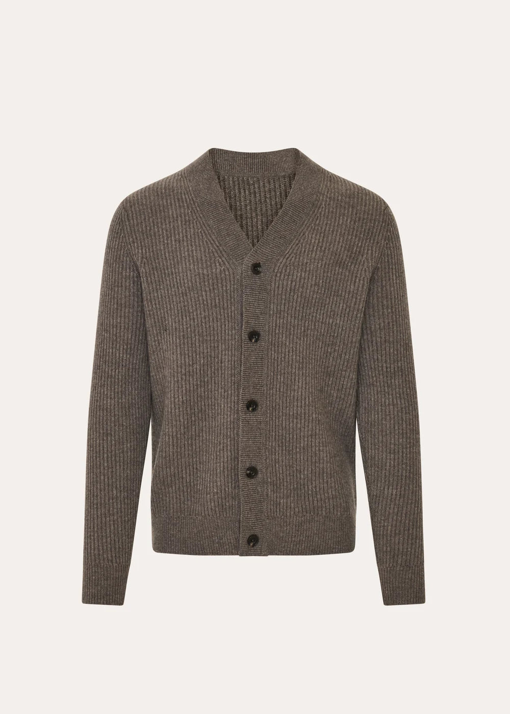 MERINO BLEND RIBBED BUTTON CARDIGAN - BROWN
