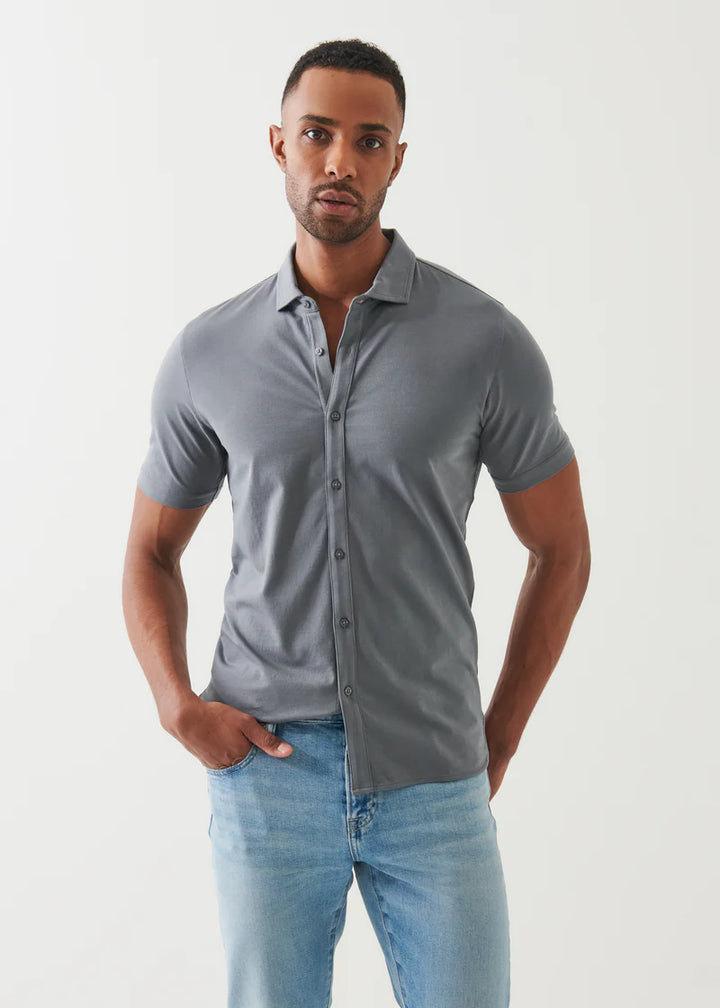 Pima Cotton Stretch Button Front Shirt - Green smoke