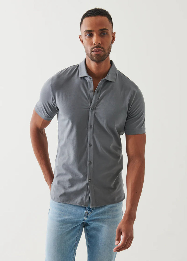 Pima Cotton Stretch Button Front Shirt - Green smoke