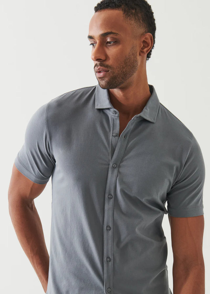 Pima Cotton Stretch Button Front Shirt - Green smoke