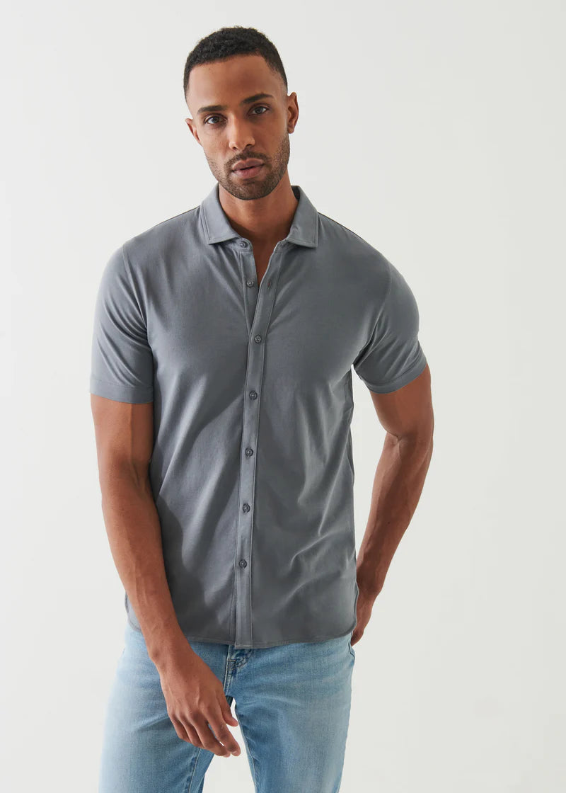 Pima Cotton Stretch Button Front Shirt - Green smoke