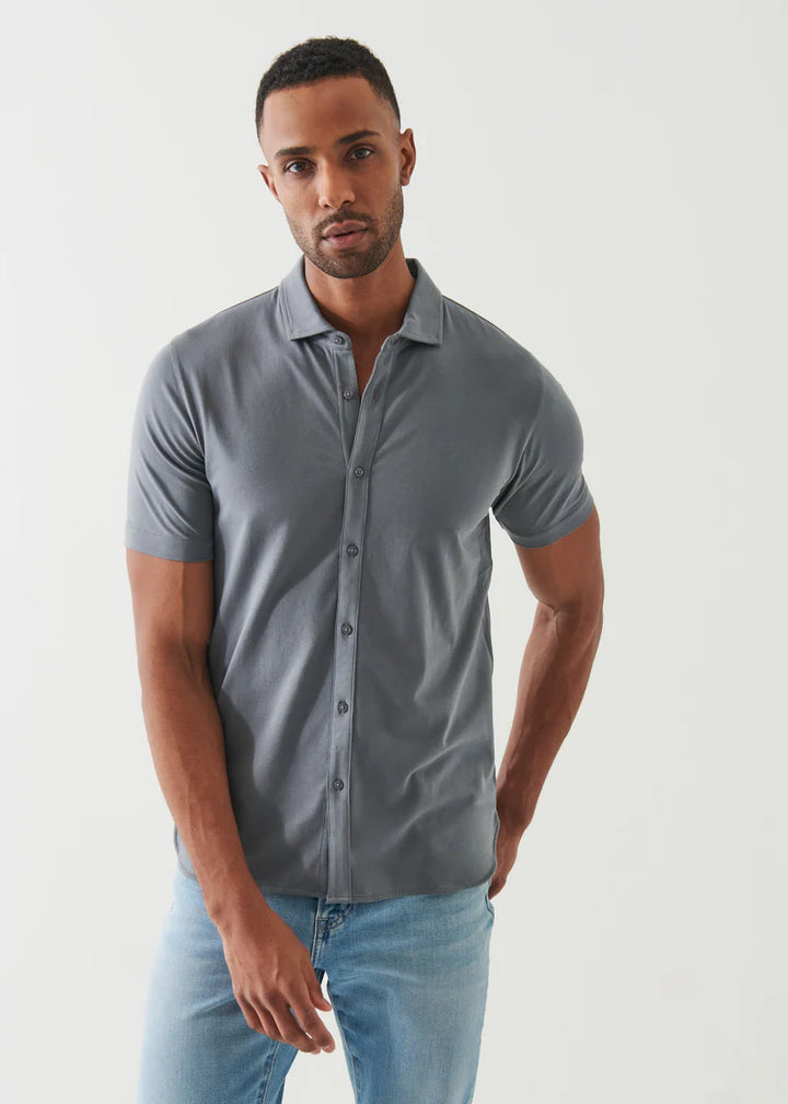 Pima Cotton Stretch Button Front Shirt - Green smoke