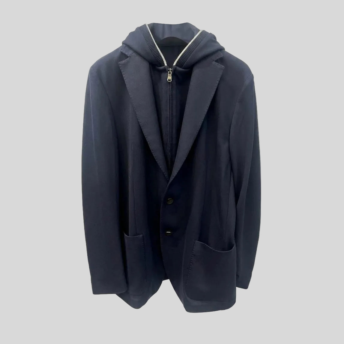 TECHNO FABRIC JACKET WITH DETACHEABLE HOOD - NAVY BLUE