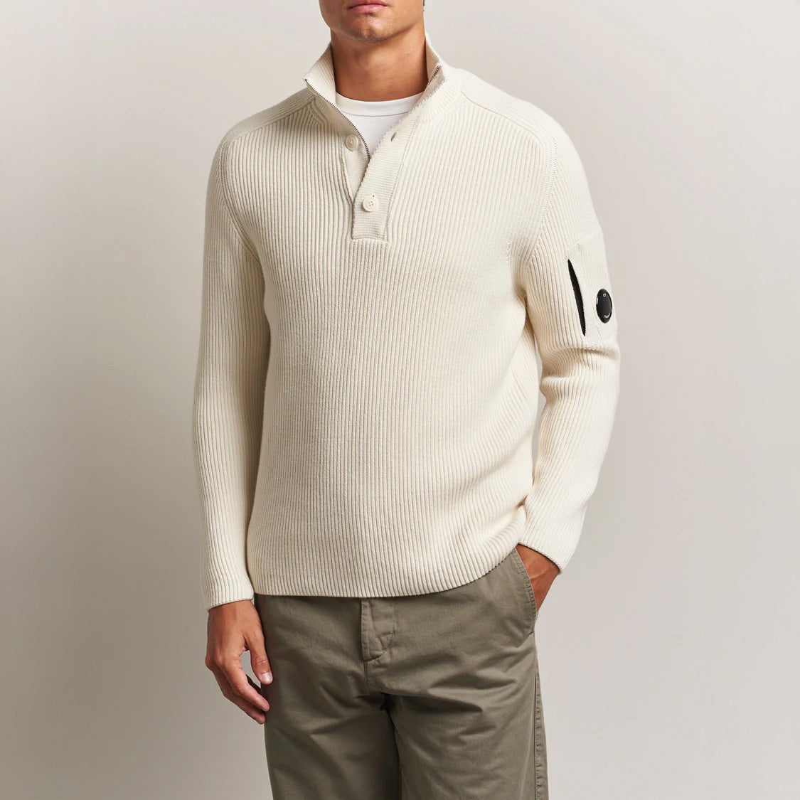 RIB HALF BUTTON SWEATER - GAUSE WHITE