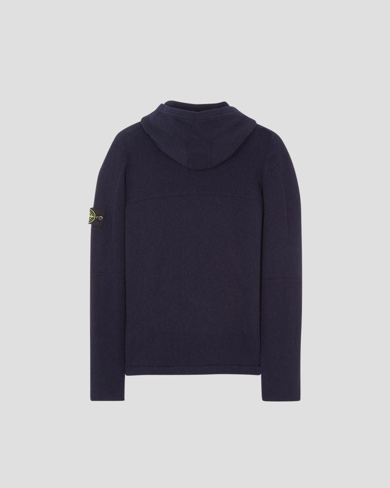 Hooded cardigan knit in lambswool - NAVY BLUE
