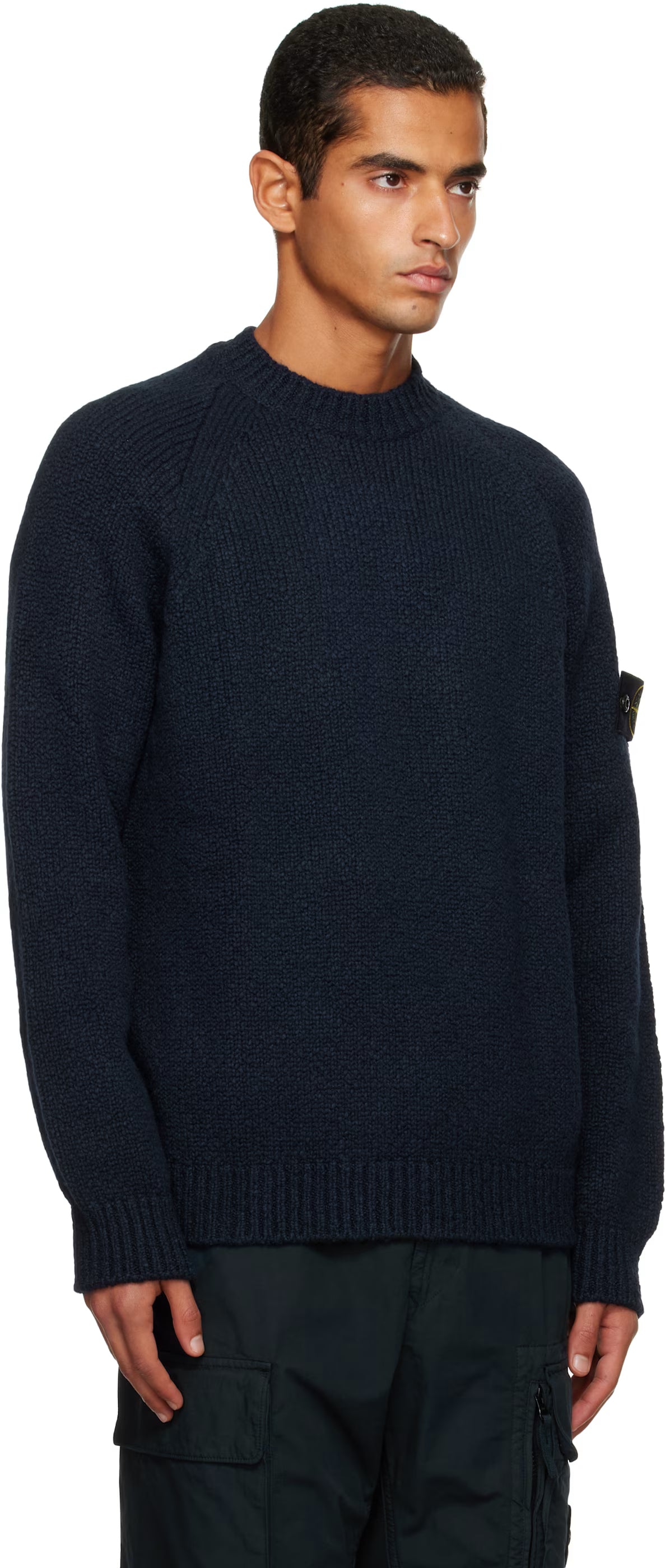 NAVY BLUE FANCY YARN WOOL CREWNECK