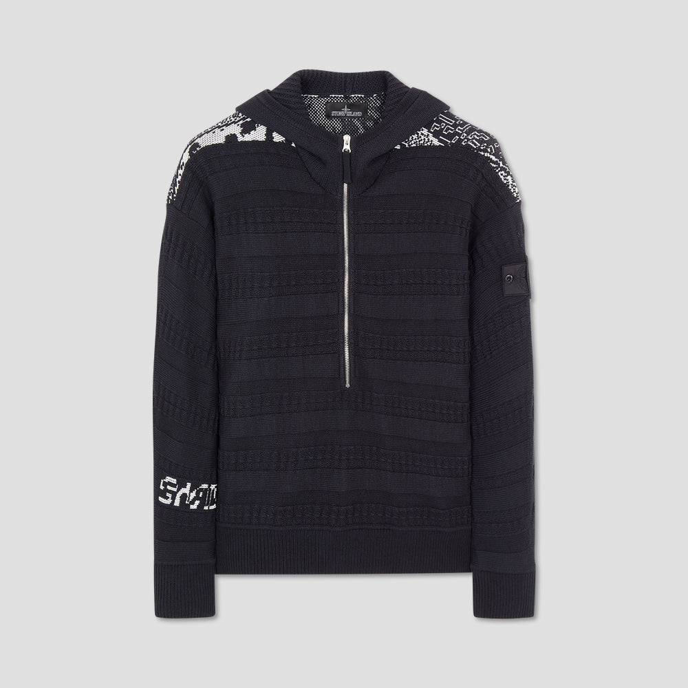 Shadow Project Fair Isle Aran Hooded 3/4 Zip Knit Overshirt - Black